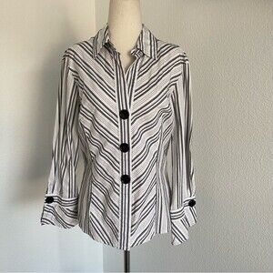 Spense Metallic Silver Black Stripe Button Glam Cuffs Bell Sleeve SZ L